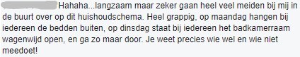 Reactie van een lezer en gebruiker van het huishoudschema via Facebook